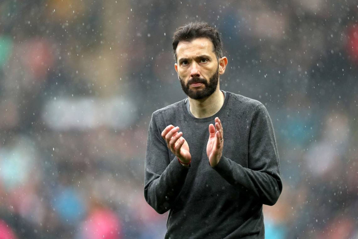 SWANSEA, WALES - MAY 08: Carlos Corberan, Manager of West Bromwich Albion applauds the travelling West Bromwich Albion fans after the Sky Bet Champ...